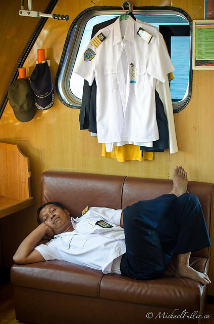 "Naptain"  On the bridge of the ferry across the Gulf of Tomini.